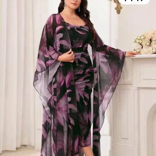 طقم فستان مورد مع روب شيفون أنيق
