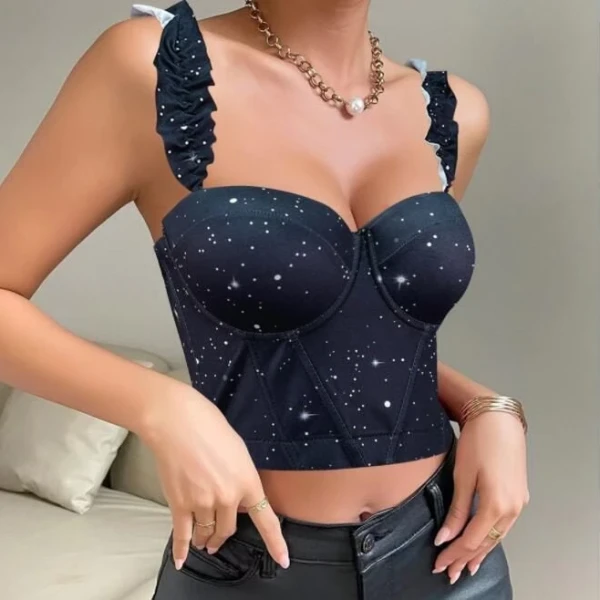 توب كورسيه أسود لامع بحمالات مكشكشة